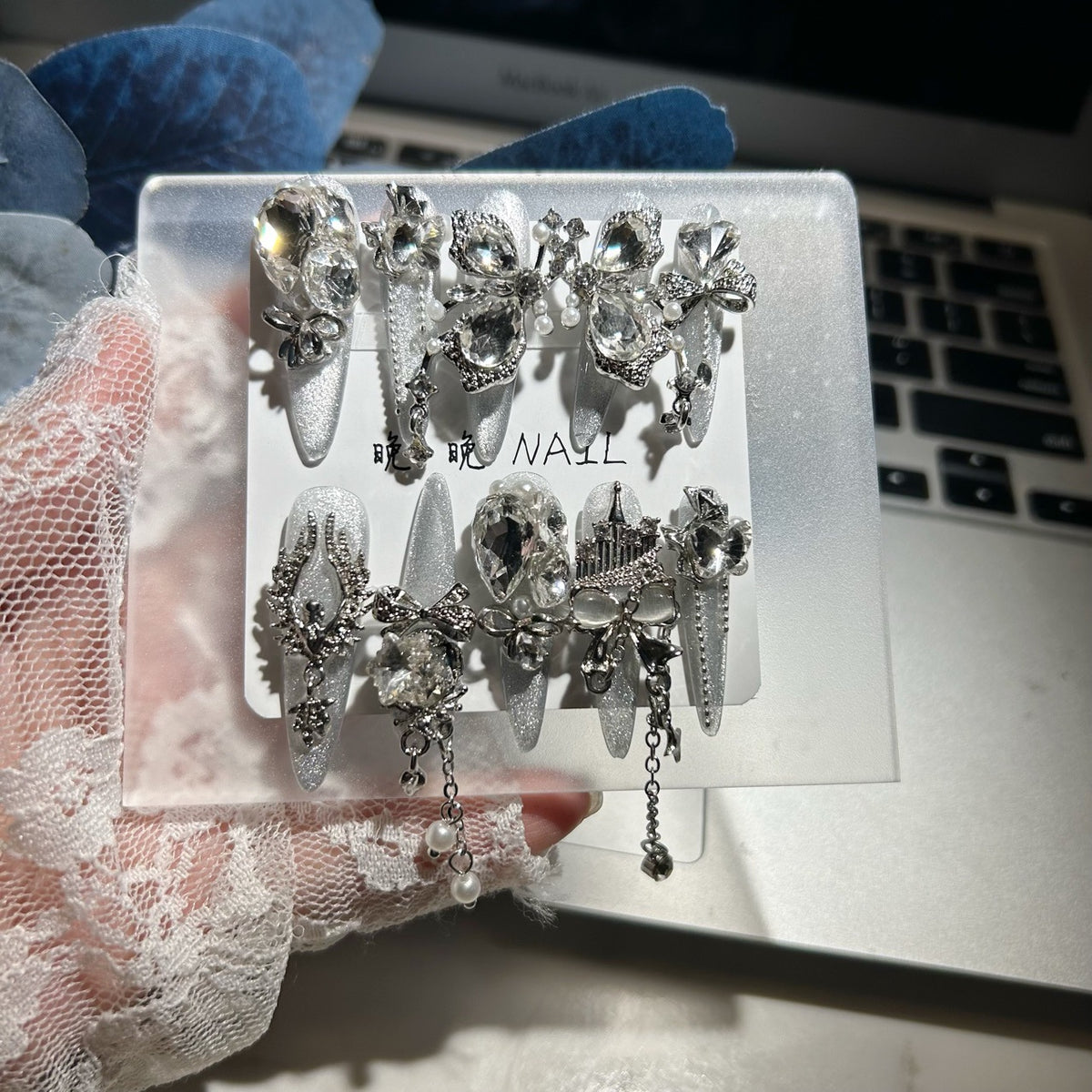 Handmade Silver Cat Eye Long Stiletto Press On Nails with Giant AB Crystals, Castle & Butterfly Charms, Pearls & Dangling Chains