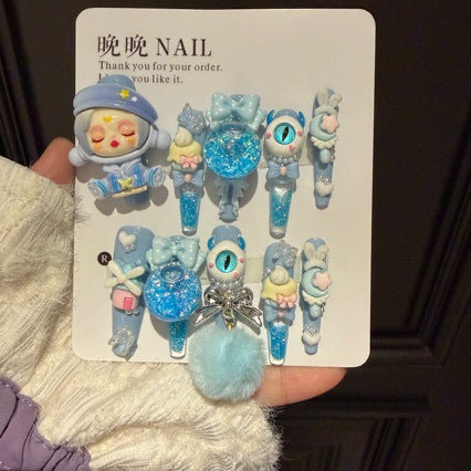 Handmade Kawaii Blue 3D Doll Press On Nails, Long Stiletto Pop Mart Inspired False Nails, Glitter Bow Pom Pom Reusable Fake Nails For Cosplay Party