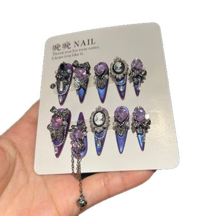 Handmade Purple Blue Cat Eye Cameo Portrait Long Stiletto Press On Nails with Purple Heart Crystals & Butterfly Charms