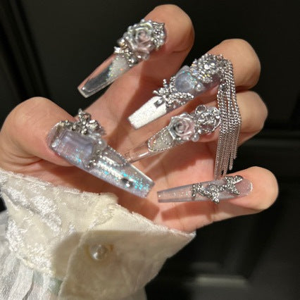 Handmade Iridescent Silver Rose Long Coffin Press On Nails with Butterfly Charms & Dangling Chains
