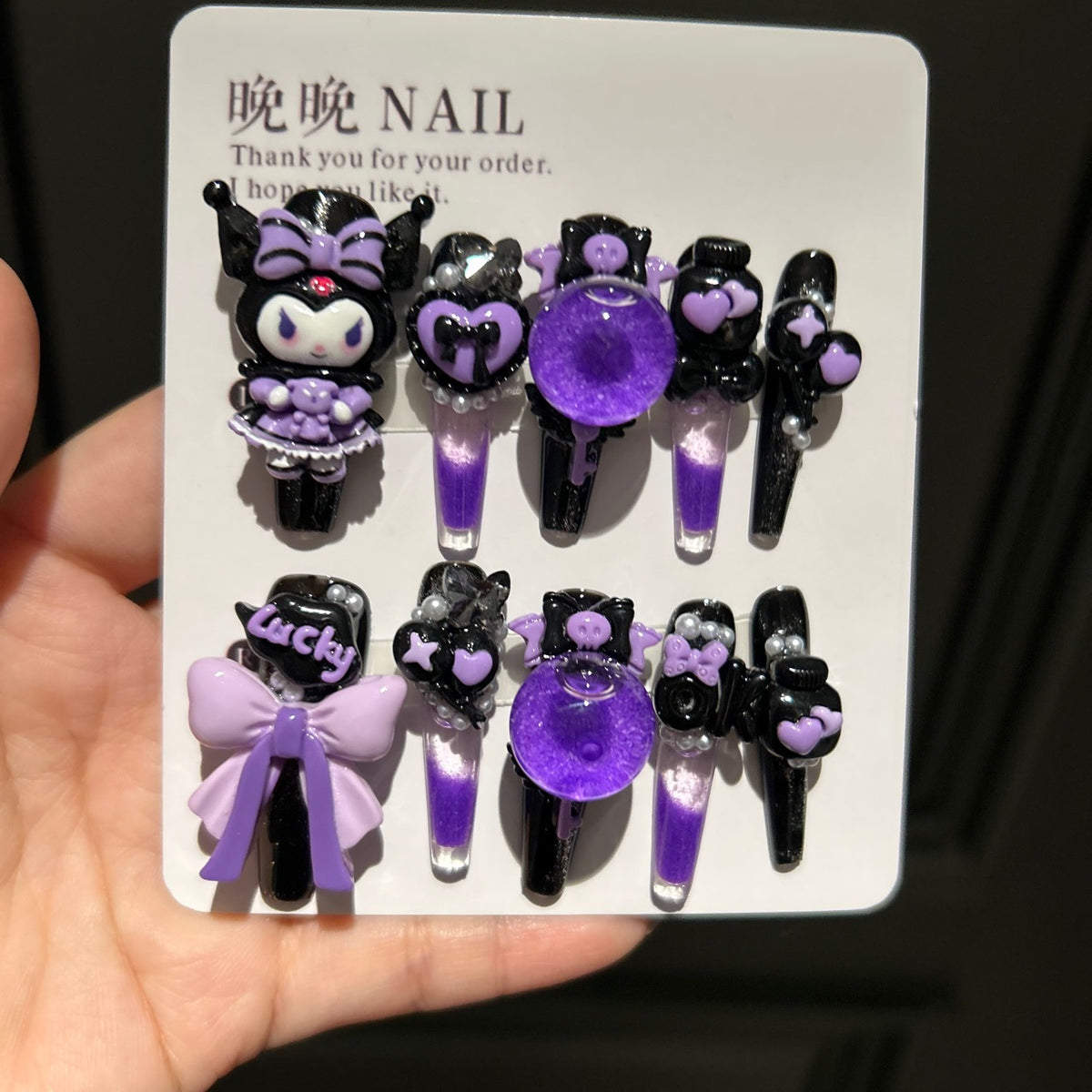 Handmade Black Purple Gradient Long Stiletto Press On Nails with 3D Kuromi, Heart & Shaker Bubble Charms