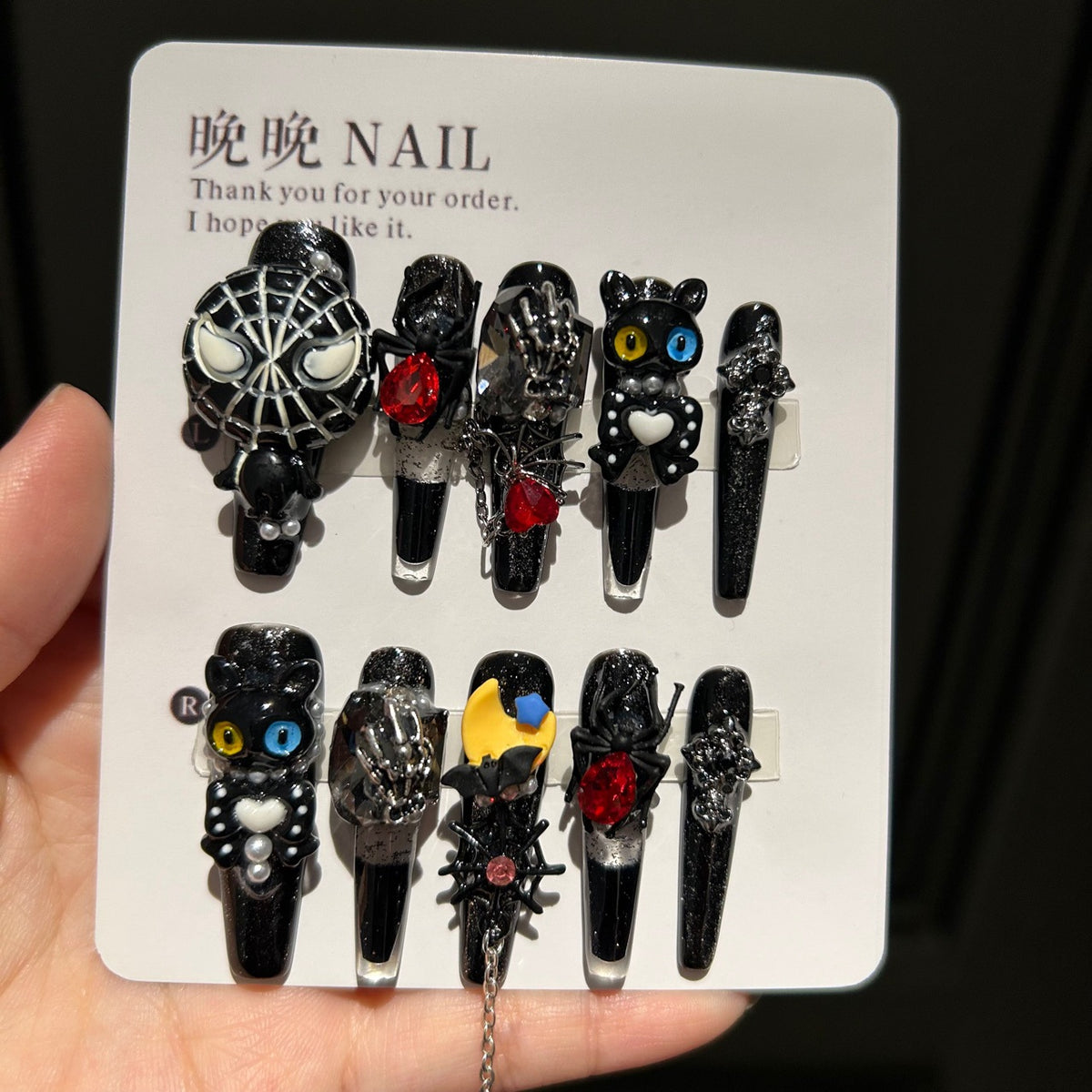 Handmade Black Glitter Long Coffin Press On Nails with 3D Black Cat, Spider, Bat, Skeleton Hand Charms, Red Crystals & Chain Tassels