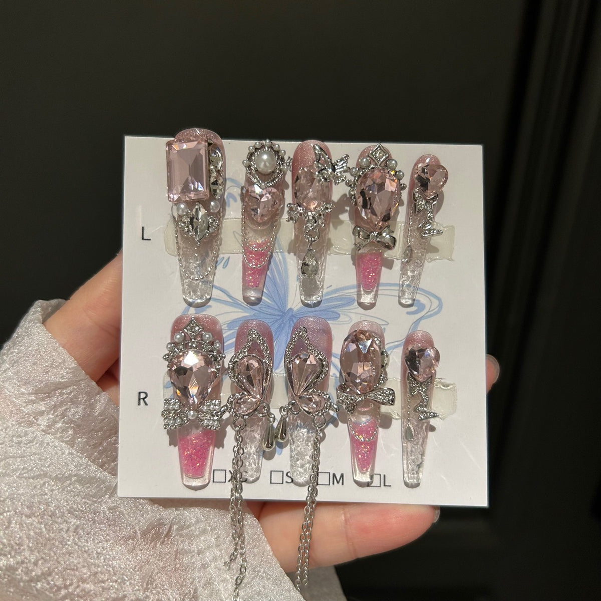Handmade Pink Glitter Ombre Long Coffin Press On Nails with Large Pink Heart & Rectangle Crystals, Butterfly Rhinestones, Pearls & Dangling Silver Chains