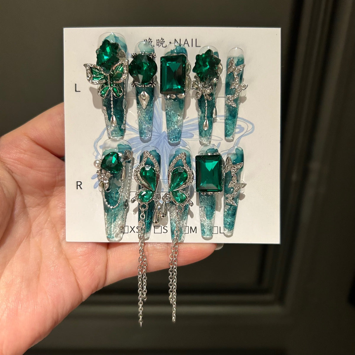 Handmade Teal Ink Wash Clear Long Stiletto Press On Nails with Giant Emerald Green Crystals, Green Butterfly Charms, Rhinestones & Long Dangling Silver Chains