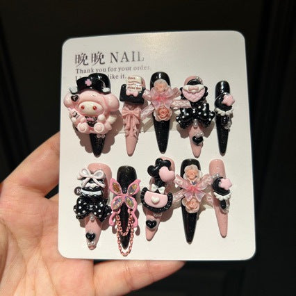 Handmade Pink Black Polka Dot Long Stiletto Press On Nails with 3D Cartoon Character, Bows & Rose Charms