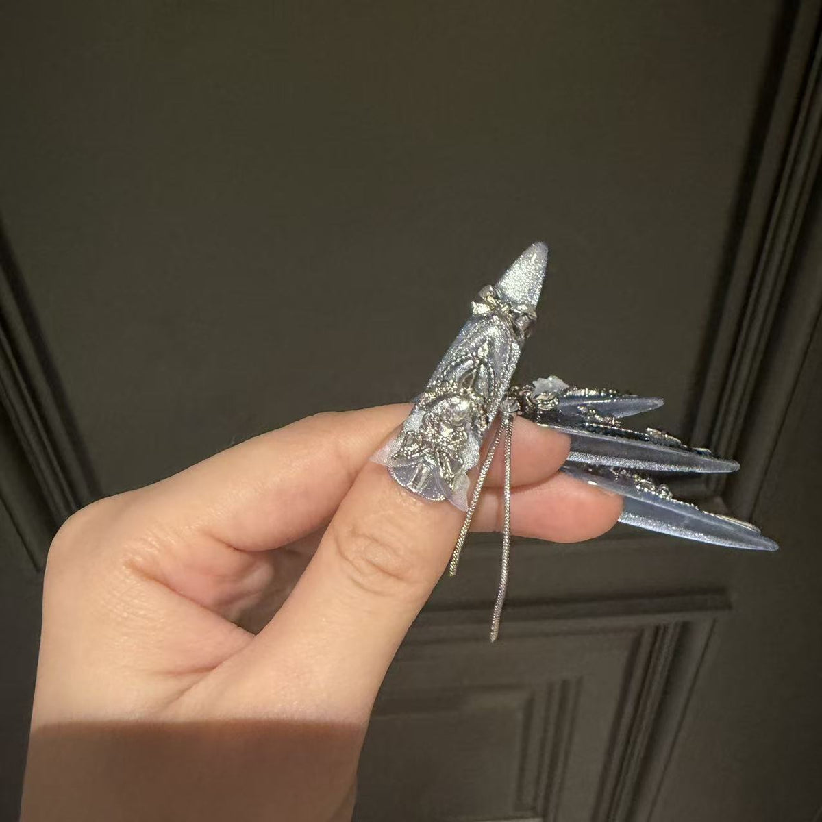 Handmade Silver Blue Cat Eye Long Stiletto Press On Nails with Vintage Portrait Cameo & Blue Rose Charms