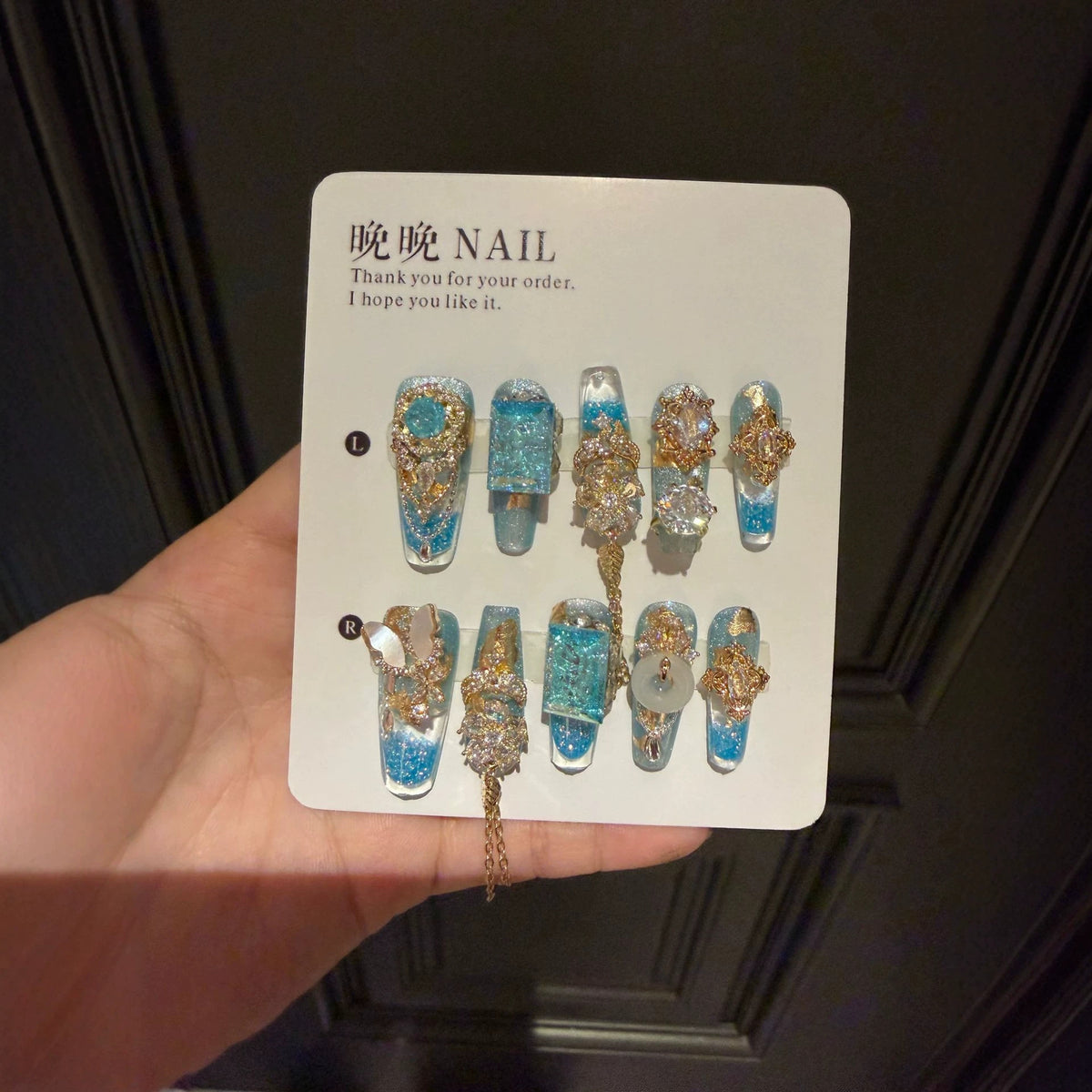 Blue and Gold Luxury Coffin Press-on Nails with 3D Crystal Gem, Jade Ring, Mother-of-Pearl Butterfly, and Golden Charms - Statement Fake Nail Set