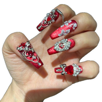 Handmade Red Cat Eye Press On Nails | Luxury Heavy Industry Red Gemstone, White Floral & Tassel Chain Reusable Fake Nails