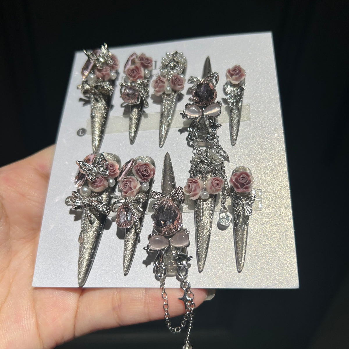 Handmade Silver Glitter Long Stiletto Press On Nails with Dusty Pink 3D Roses & Pink Teardrop Crystal Charms