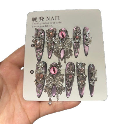 Handmade Purple Chameleon Evil Eye Long Stiletto Press On Nails with Rhinestone Bow & Crystals