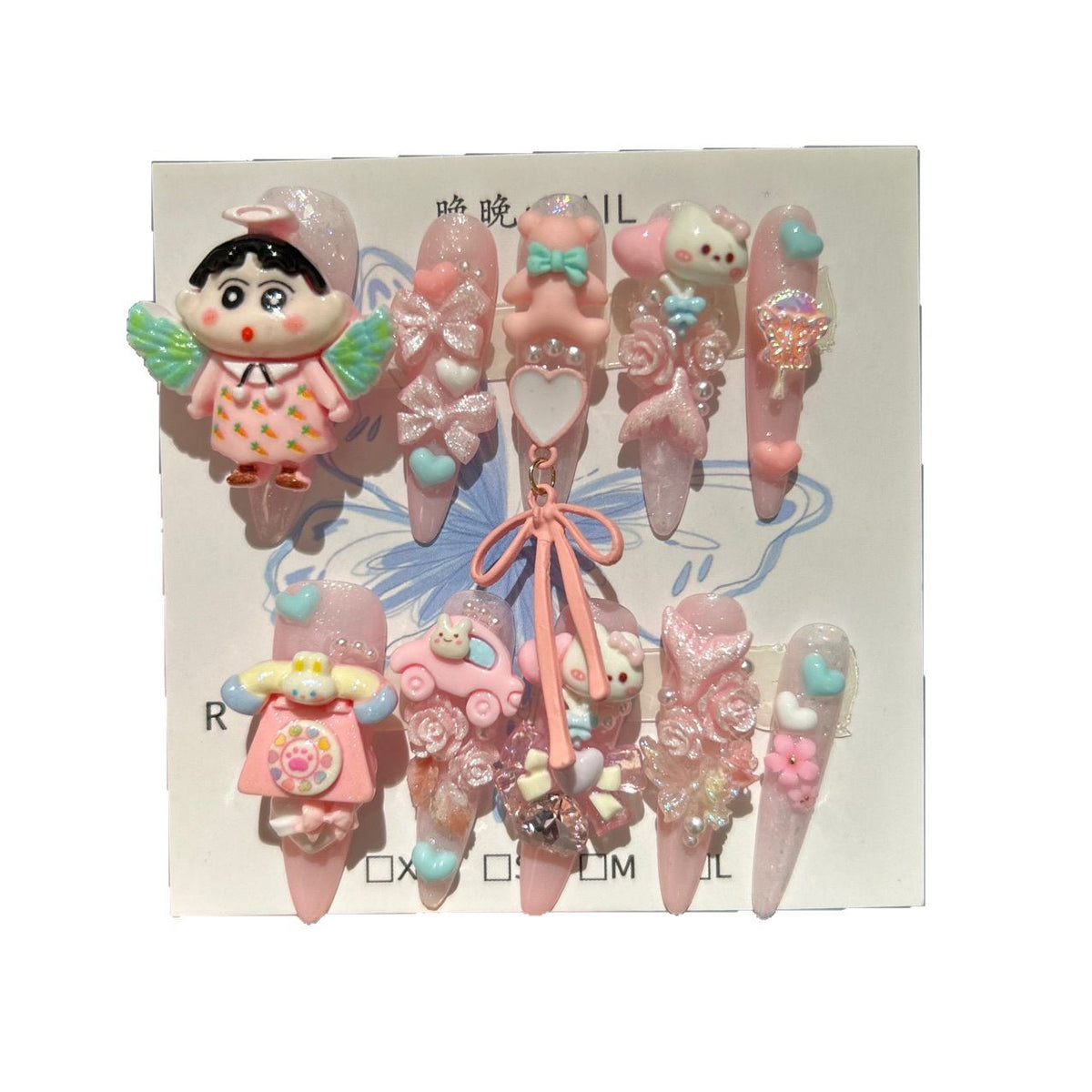 Handmade Kawaii Pink Glitter Long Stiletto Press On Nails with 3D Crayon Shin-chan & Cute Cartoon Charms, Bows & Heart Decorations