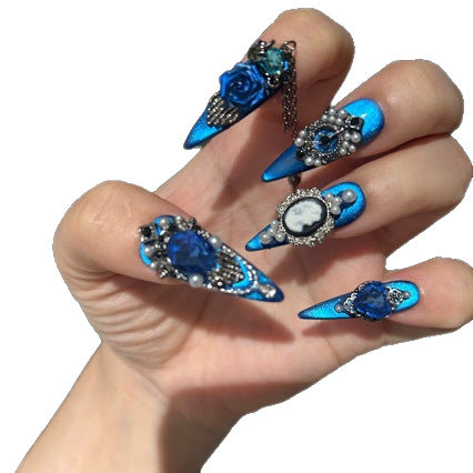 Handmade Royal Blue Gothic Press On Nails, Long Stiletto Metallic False Nails with 3D Blue Rose, Cameo Portrait, Pearls Rhinestones & Dangling Chain, Reusable Fake Nails for Party Cosplay