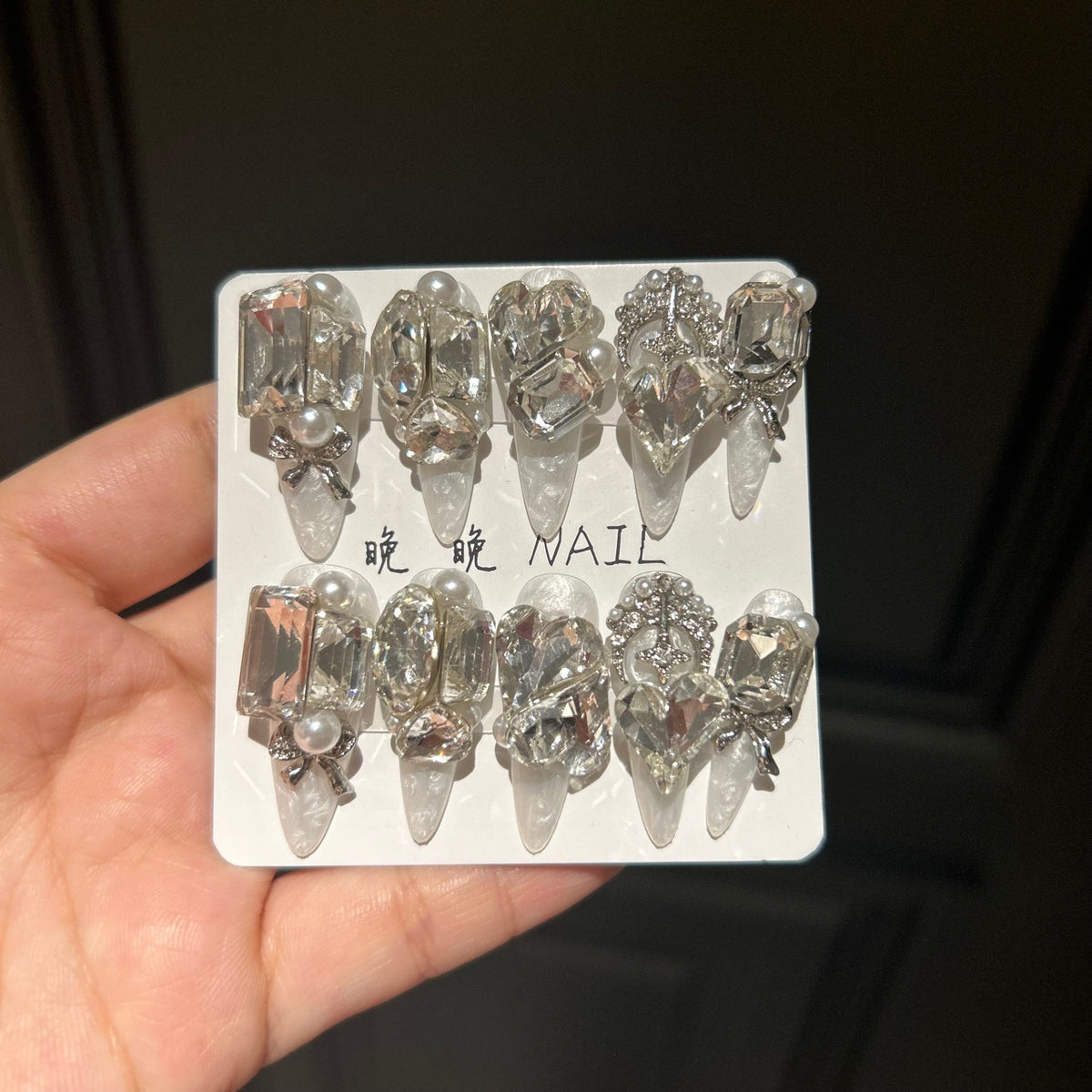 Handmade Clear Crystal Luxury Long Stiletto Press On Nails with Pearls & Silver Bow Charms