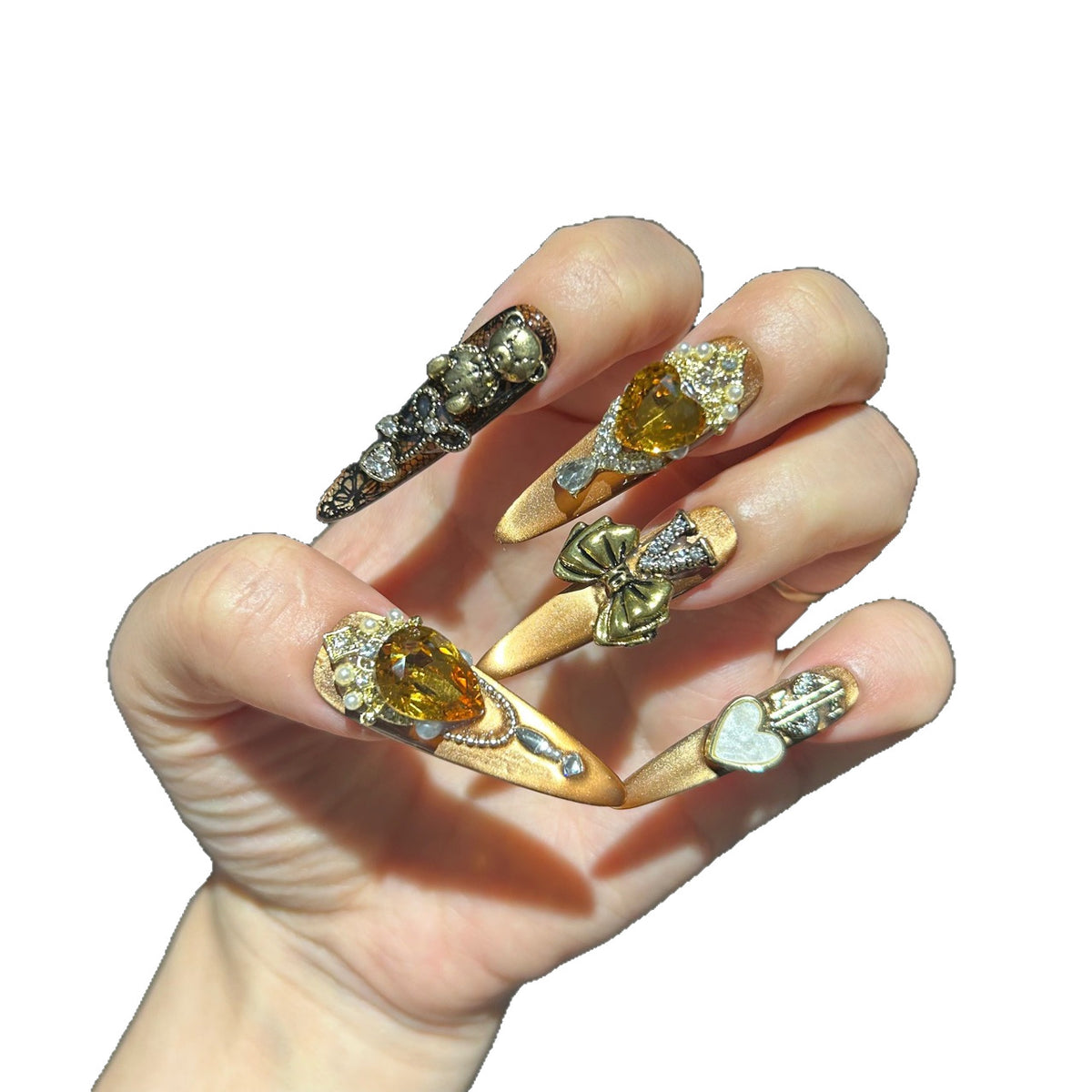 Handmade Bronze Metallic Long Stiletto Press On Nails with Amber Heart Crystals, Vintage Bear Charms, Antique Gold Bows, Lace Details & Pearls