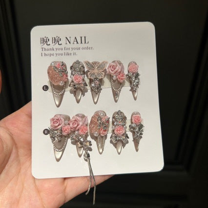 Handmade Champagne Cat Eye Long Stiletto Press On Nails with 3D Pink Roses, Lace Butterfly & Rhinestone Chain Charms
