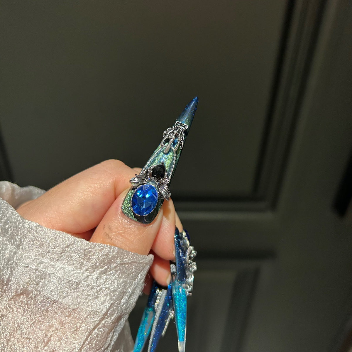 Handmade Chameleon Blue Gothic Skeleton Long Stiletto Press On Nails with Blue Gem Charms