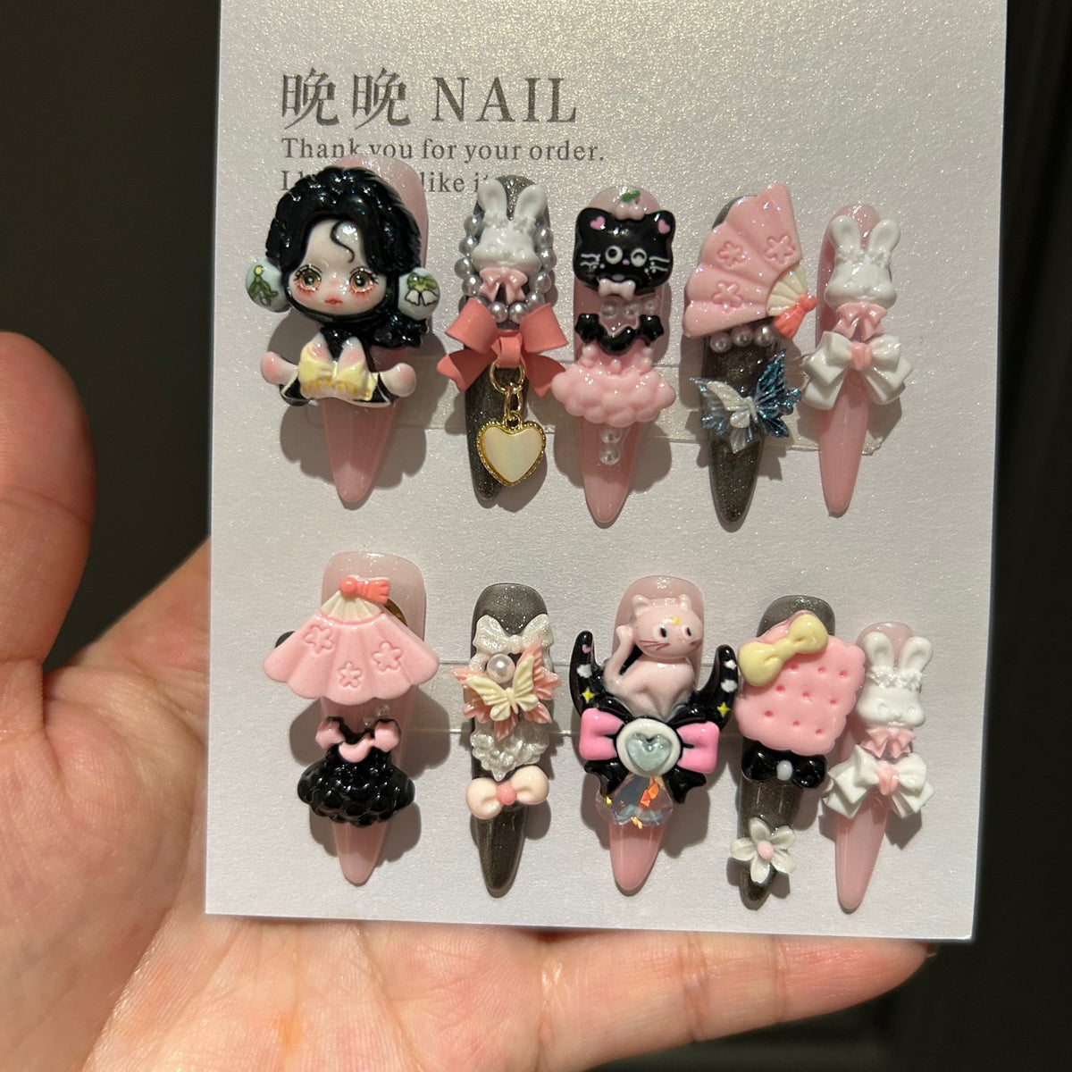 Handmade Kawaii Pink Long Stiletto Press On Nails with 3D Doll, Bunny & Black Cat Charms, Fan & Bow Decorations