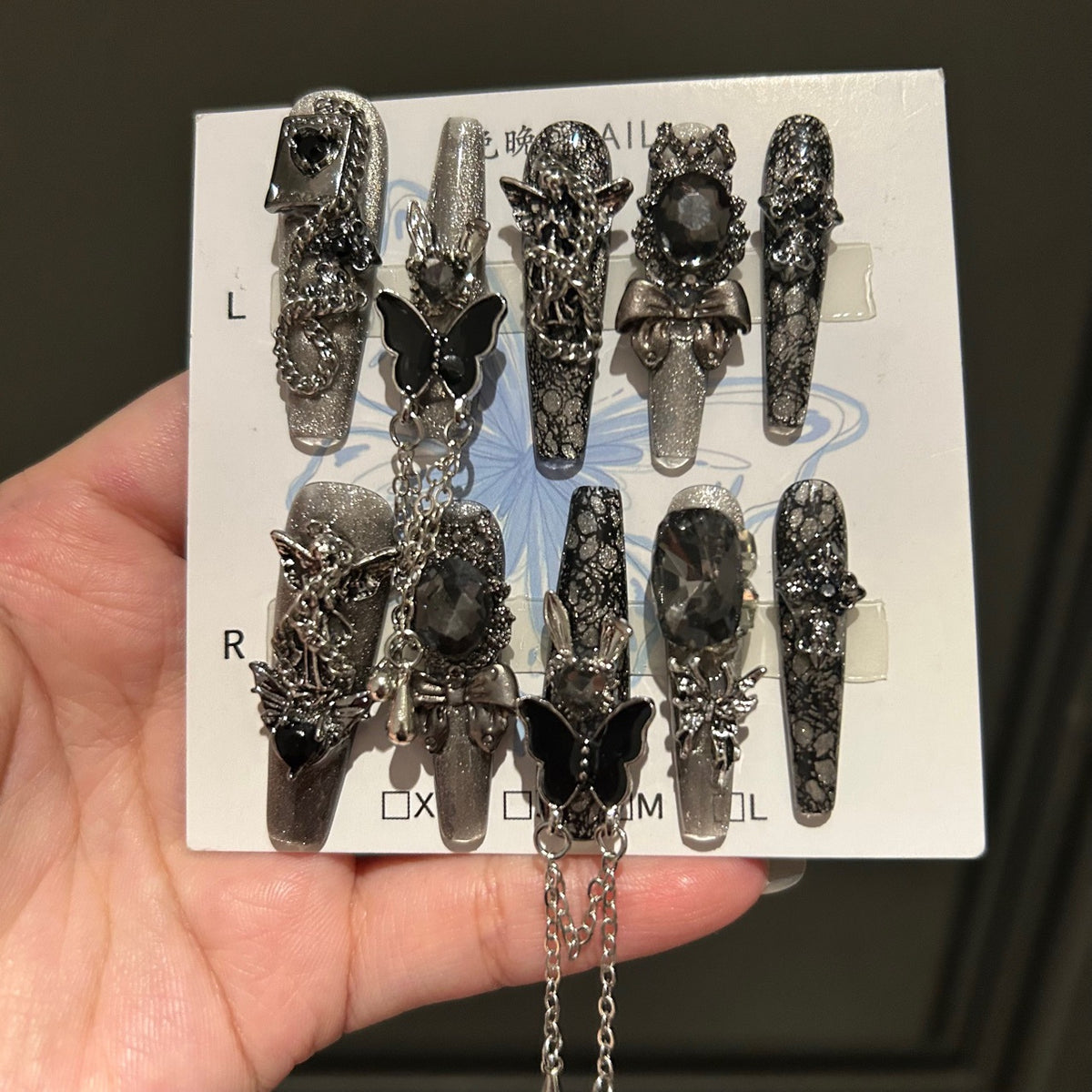 Dark Silver Cat Eye Coffin Press-on Nails with 3D Black Crystal, Lace Texture, Angel, and Hanging Chain Charms - Gothic Glam Fake Nail Set