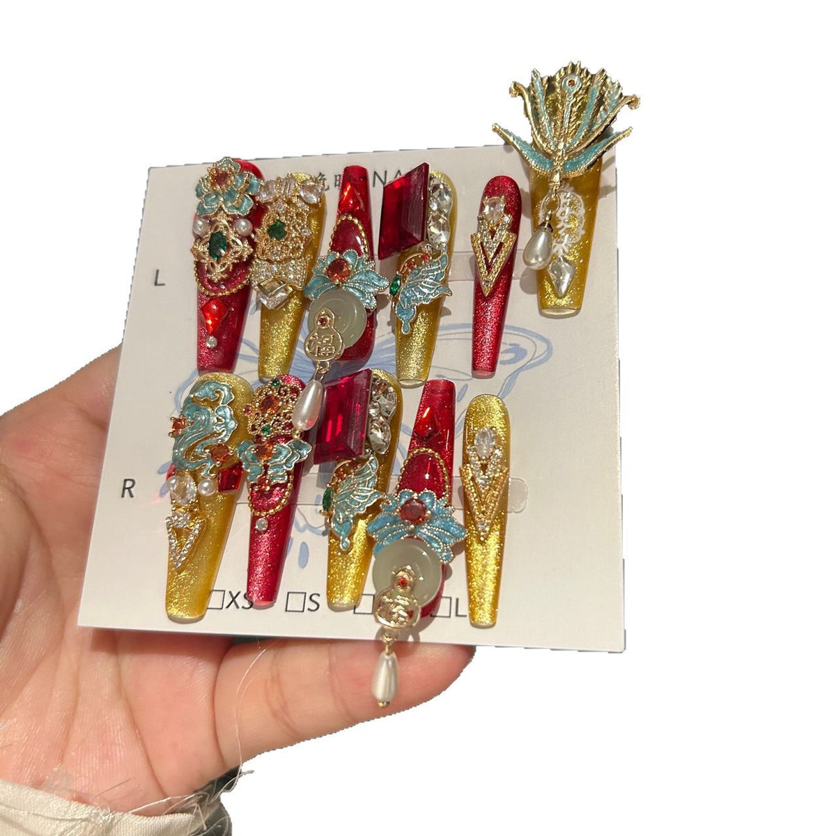 Handmade Chinese Style Red & Gold Long Coffin Press On Nails with Phoenix Metal Charms, Jade Accents, Red Gems, Pearls & Dangling Pendants