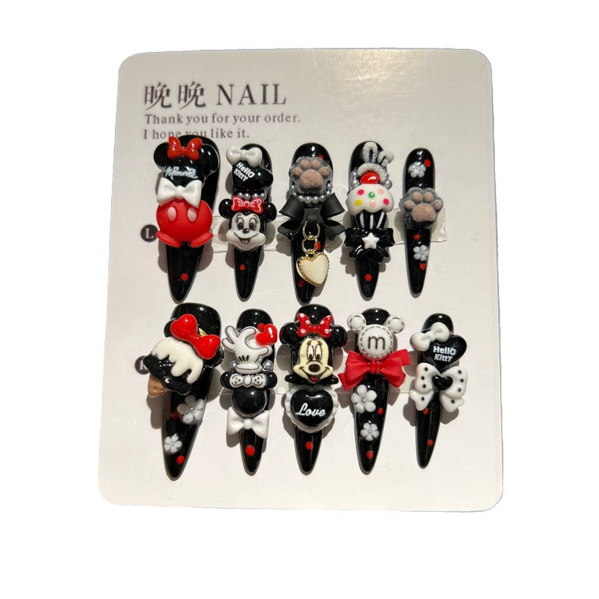 Red, Black & White Stiletto Press-on Nails with 3D Mickey Minnie, Cartoon Hand, Fluffy Paw, Cupcake, and Heart Charm - Y2K Kawaii Fake Nail Set