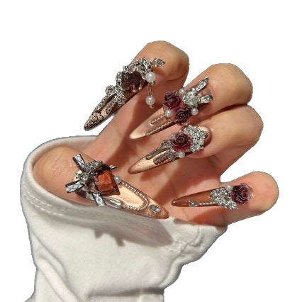 Handmade Vintage Rose Press On Nails | Luxury Heavy Industry 3D Flower & Gemstone Reusable Fake Nails, Dark Champagne Cat Eye Nail Art