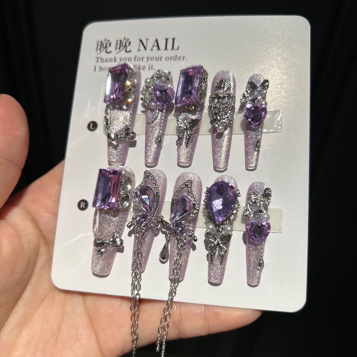 Handmade Lavender Cat Eye Long Coffin Press On Nails with Giant Purple Crystals, Silver Butterfly Charms, Pearl Accents & Silver Chain Tassels