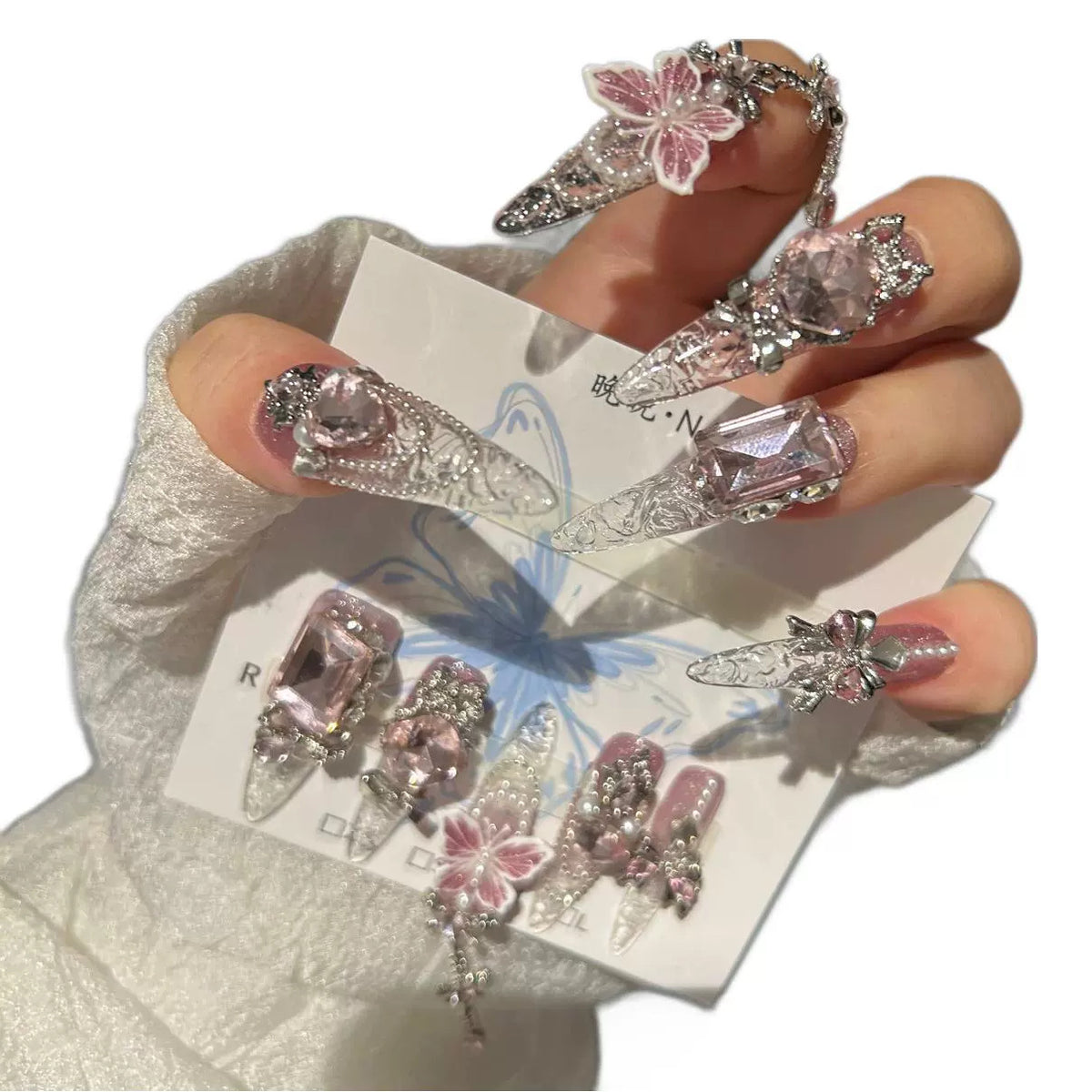 Handmade Clear Pink Lace Long Stiletto Press On Nails with Large Pink Crystals, Pink Butterfly Charms, Pearl Accents & Silver Rhinestone Chains