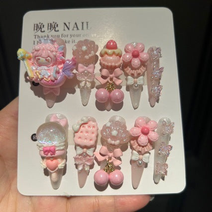 Handmade Pink Mermaid Cartoon Doll Long Stiletto Press On Nails with Cupcake, Cherry & Flower Charms