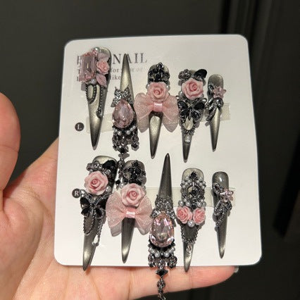 Gunmetal Grey Cat Eye Stiletto Press-on Nails with Oversized Pink Crystal, Sheer Bow, 3D Pink Rose, and Heavy Silver Carvings - Dark Sweet Cool Fake Nail Set