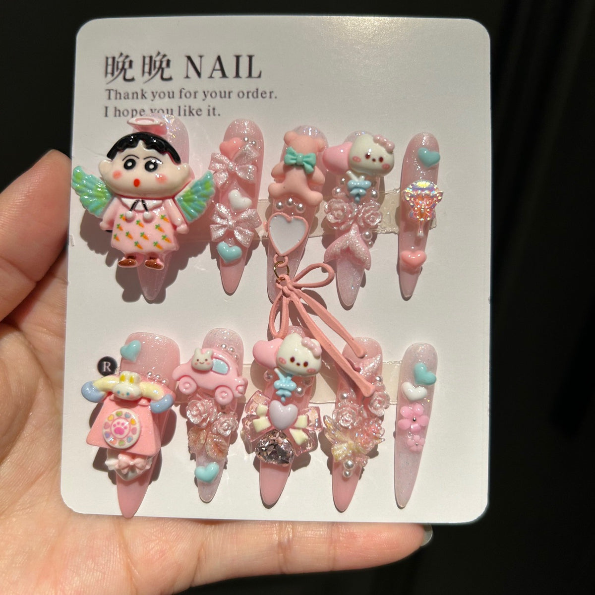 Handmade Kawaii Pink Glitter Long Stiletto Press On Nails with 3D Angel Crayon Shin-chan, Bear & Bunny Cartoon Charms
