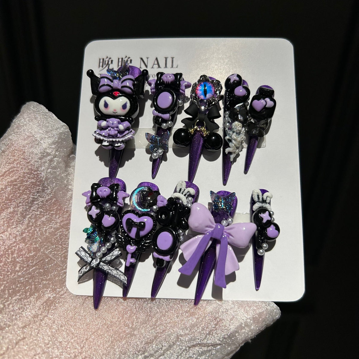 Handmade Purple Black Long Stiletto Press On Nails with 3D Kuromi Charms, Evil Eye, Bows, Skulls & Butterfly Rhinestones