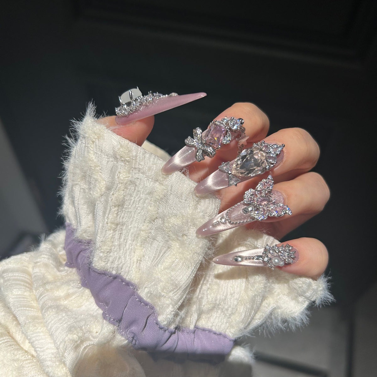 Pink Cat Eye Stiletto Press-on Nails with 3D Butterfly, Crystal Jewels, and Hanging Chain Charms - Luxury Fairy Fake Nail Set
