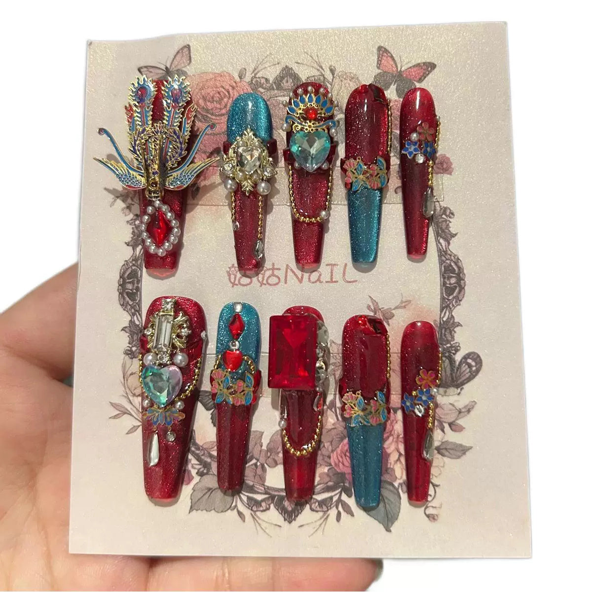 Handcrafted Designer Chinese Aesthetic Press-on Nails - Metallic Cat Eye Base with Heavy 3D Phoenix, Large Crystals and Chain Drops