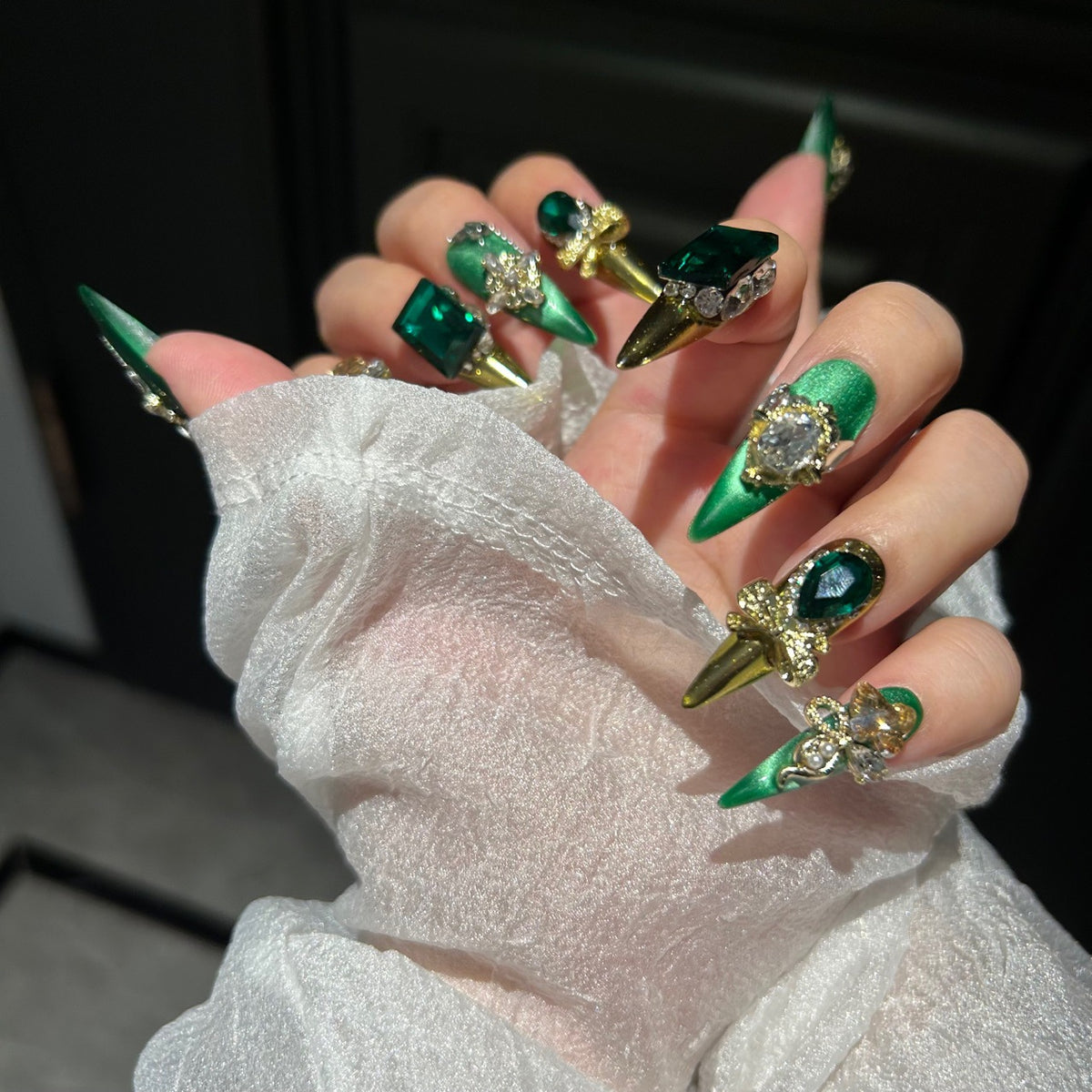Handmade Emerald Green Metallic Long Stiletto Press On Nails with Giant Emerald Crystals, Gold Bow & Rhinestone Ornaments