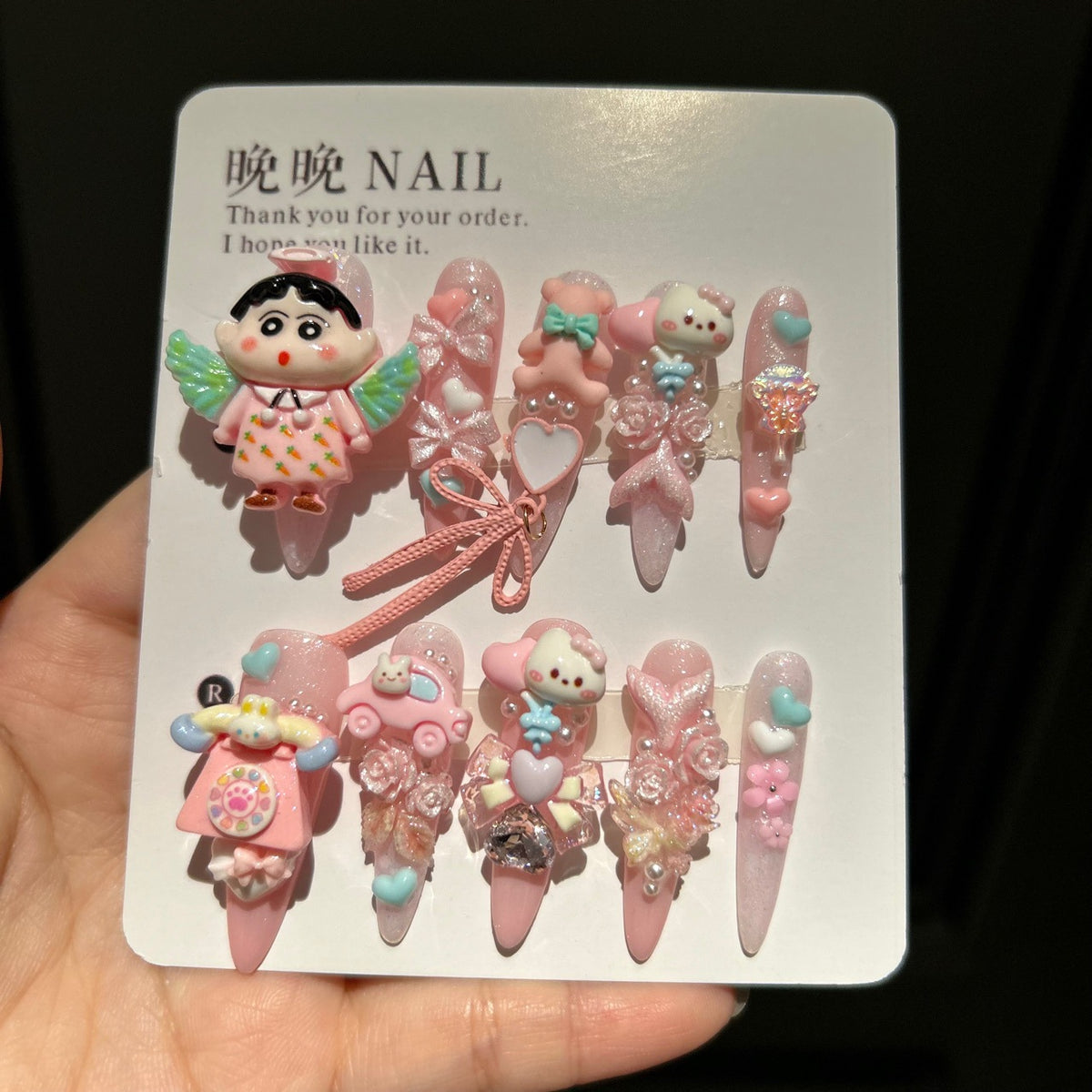 Handmade Kawaii Pink Glitter Long Stiletto Press On Nails with 3D Angel Crayon Shin-chan, Bear & Bunny Cartoon Charms