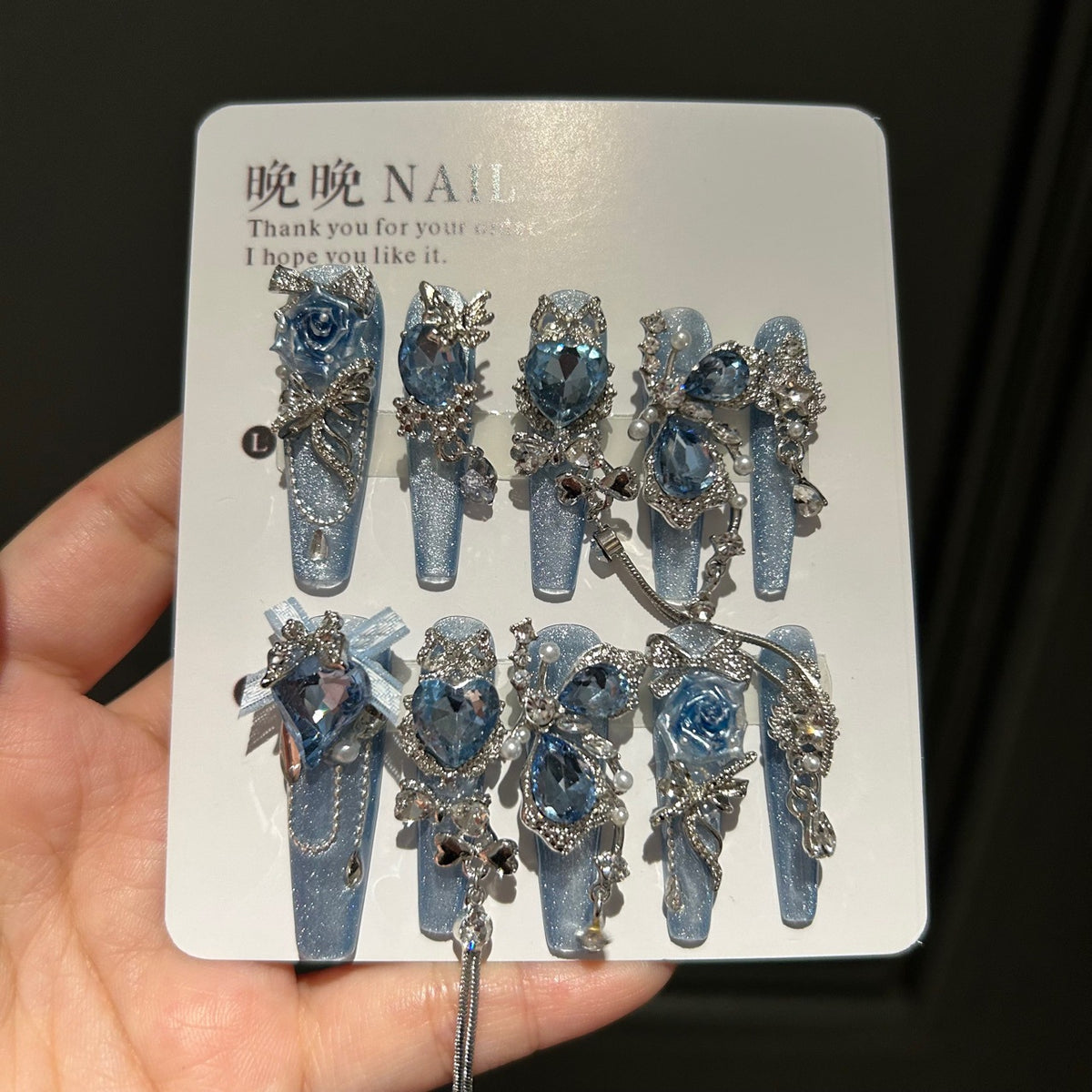 Handmade Blue Glitter Long Coffin Press On Nails with 3D Blue Roses, Large Blue Heart Crystals, Butterfly Charms, Pearls & Dangling Silver Chains