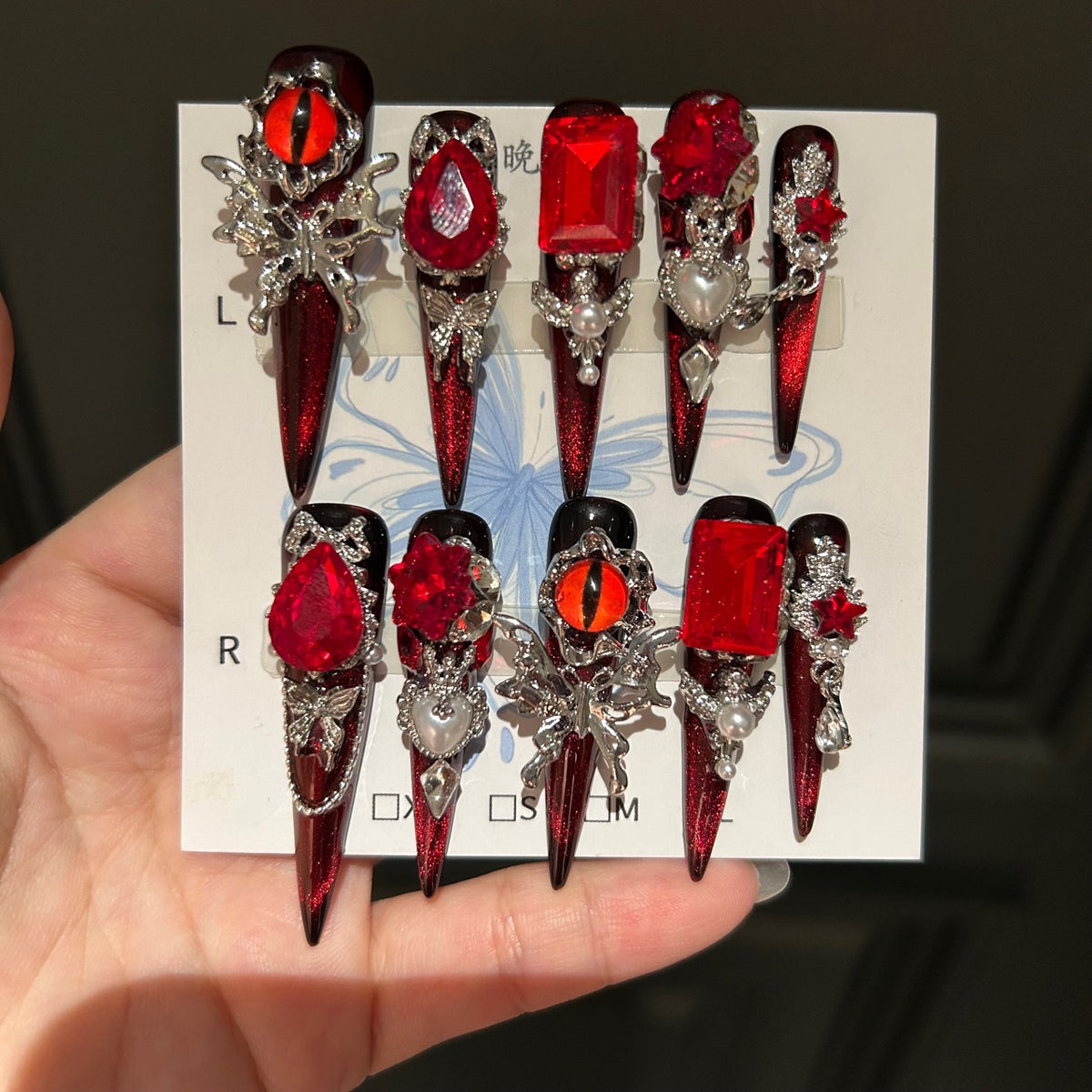 Handmade Red Demon Eye Long Stiletto Press On Nails, Red Gem Butterfly False Nails with Pearls & Chains