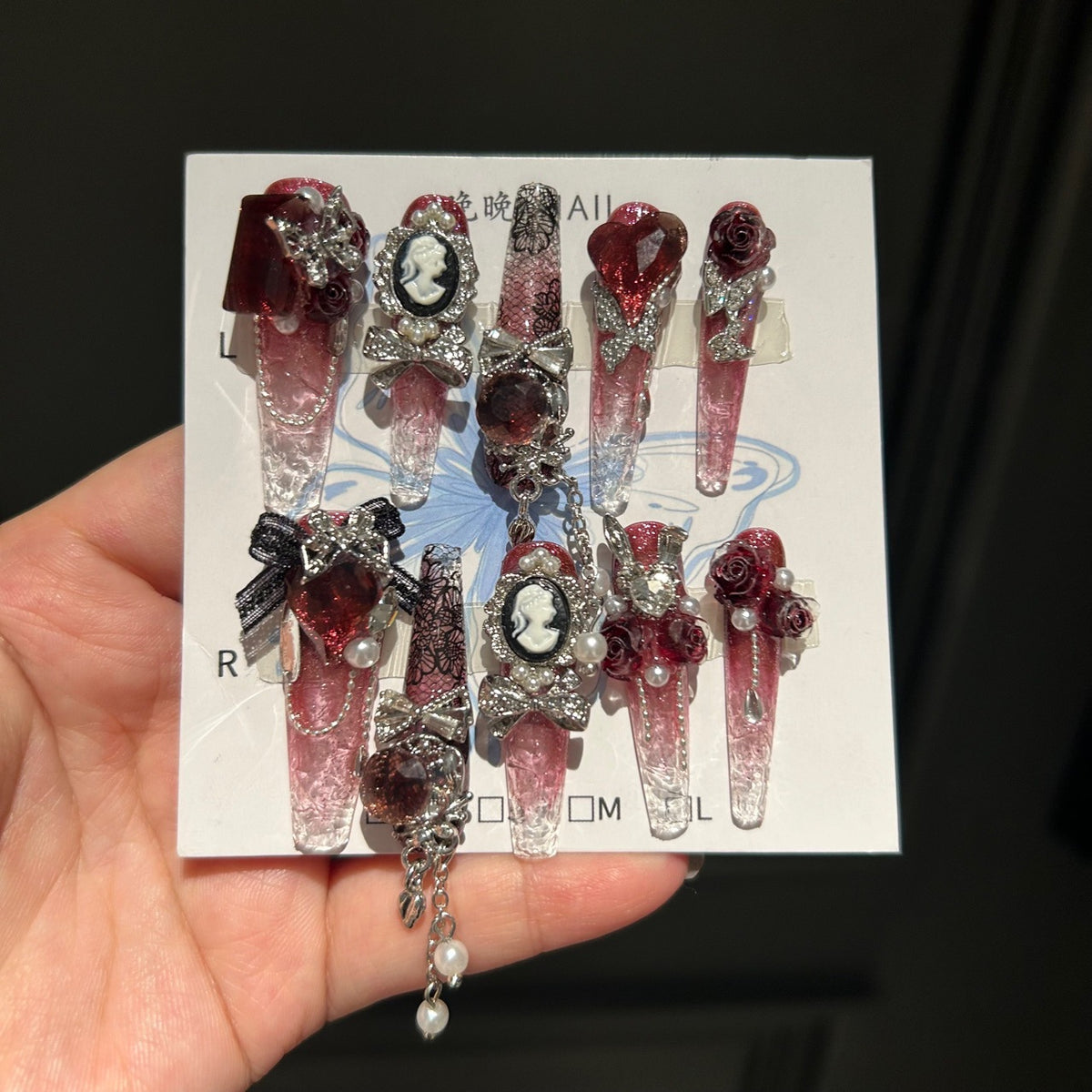Handmade Red Gradient Clear Long Stiletto Press On Nails with Vintage Cameo Charms, 3D Red Roses, Lace Details, Red Heart Crystals & Dangling Chains