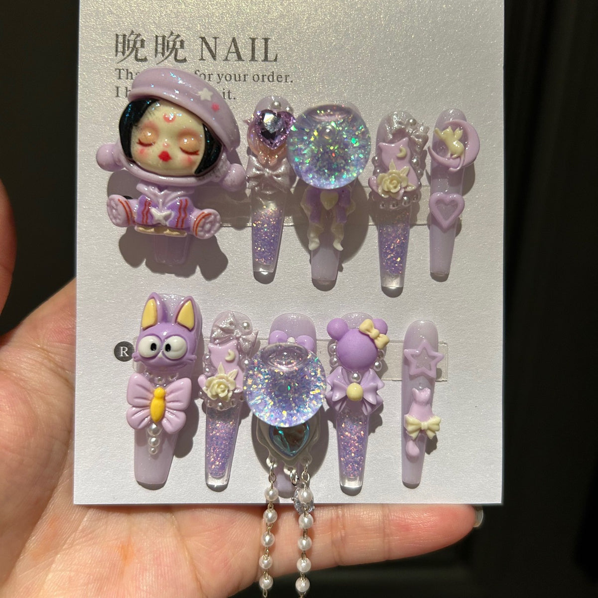 Handmade Light Purple Glitter Long Coffin Press On Nails with 3D Cartoon Doll, Rabbit, Shaker Bubble & Bow Charms