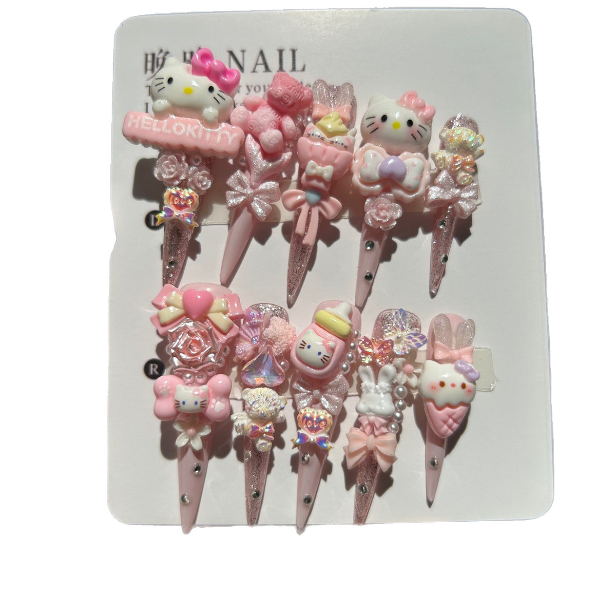 Handmade Pink Glitter Kawaii Long Stiletto Press On Nails with Hello Kitty Charms, 3D Bunnies, Bears, Bows, Roses & Iridescent Rhinestones