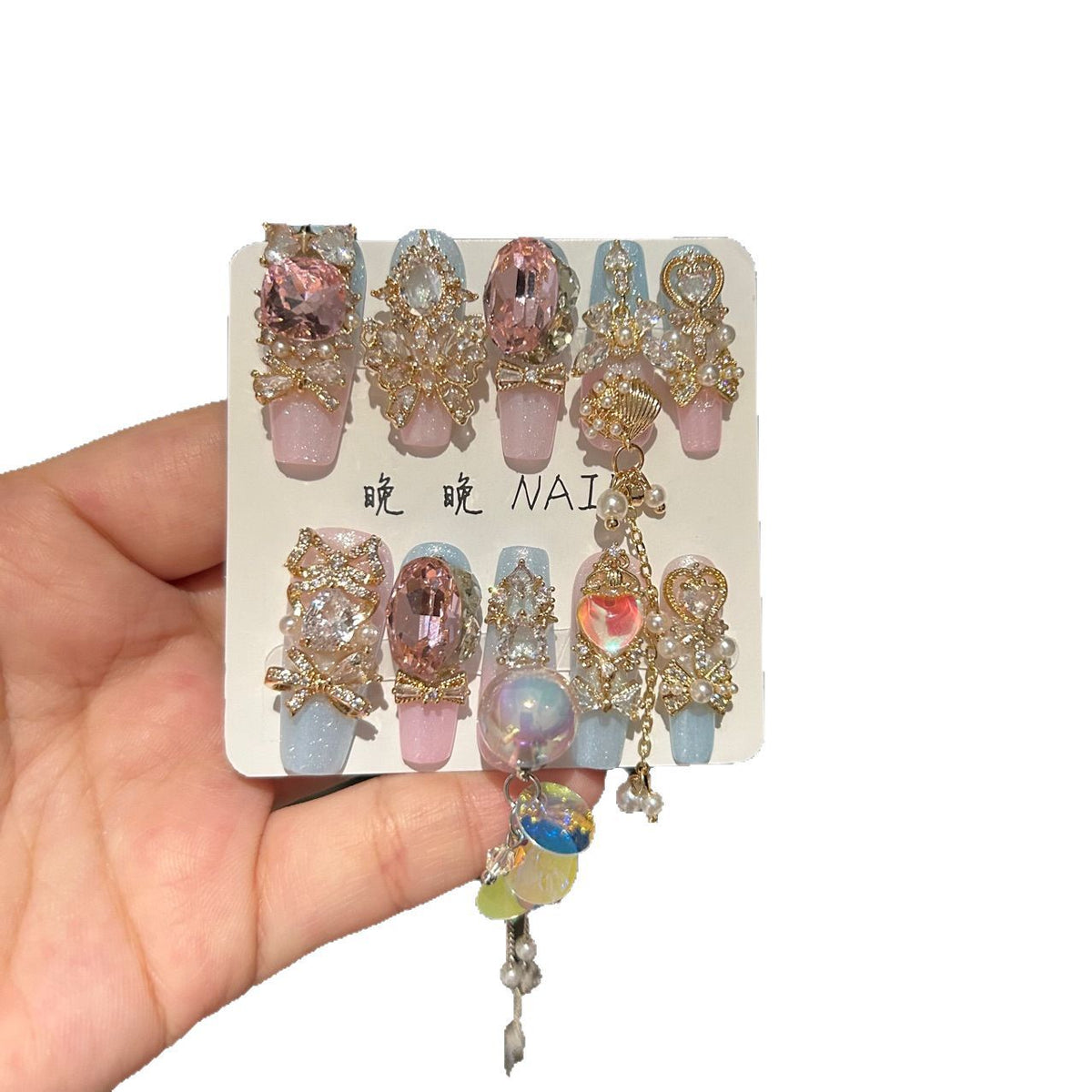 Handmade Pink Blue Ombre Gold Butterfly Long Coffin Press On Nails with Pink Crystals & Dangling Chains