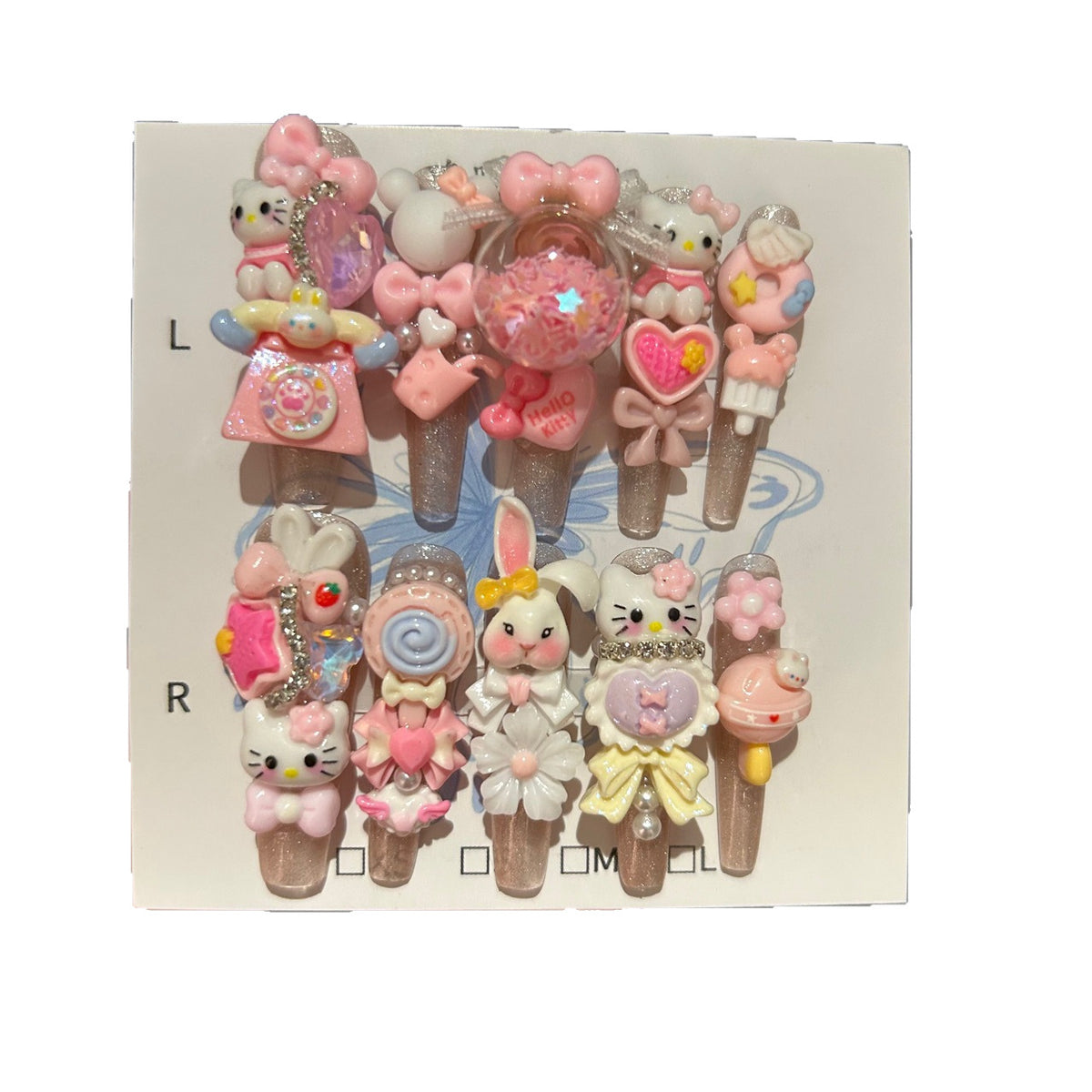 Handmade Pink Kawaii 3D Cartoon Long Stiletto Press On Nails with Hello Kitty, Bunny, Candy & Shaker Bubble Charms