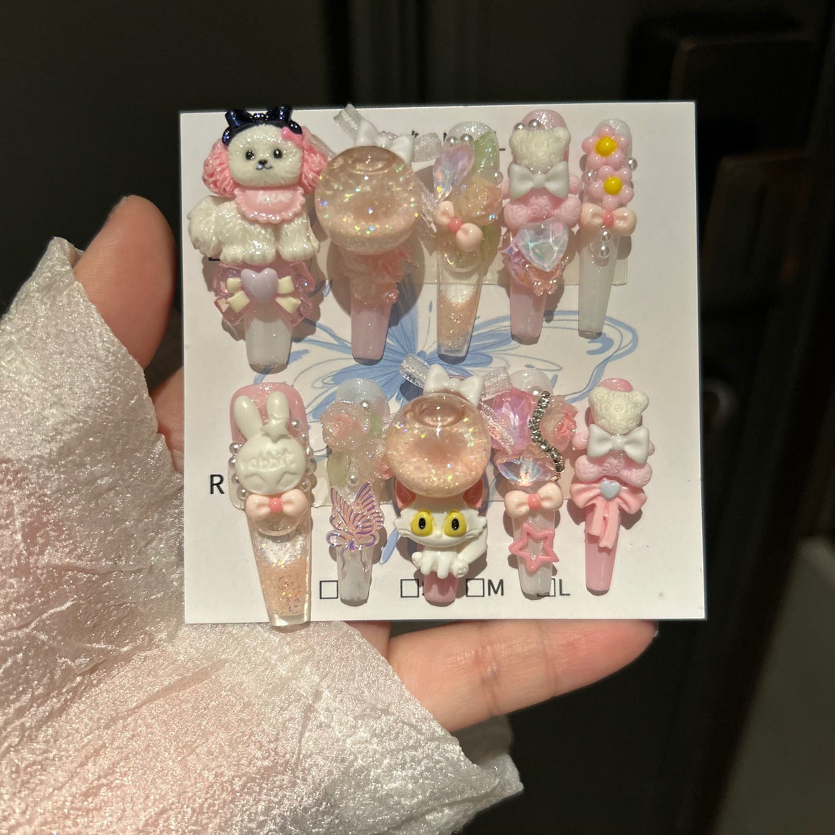 Handmade Kawaii Pink White Press On Nails, Long Stiletto Sweet False Nails with 3D Puppy, Bunny, Bear Doll Charms, Glitter Bubble Ball & Bow Rhinestones, Reusable Fake Nails for Cosplay Party