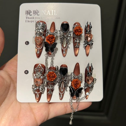 Handmade Vintage Orange Cat Eye Press On Nails | Luxury Heavy Industry 3D Rose, Crown & Chain Reusable Fake Nails, Goth Nail Art