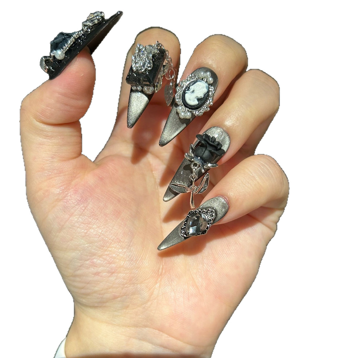Handmade Black Gothic Cameo Portrait Long Stiletto Press On Nails with Black Roses & Rhinestone Chains
