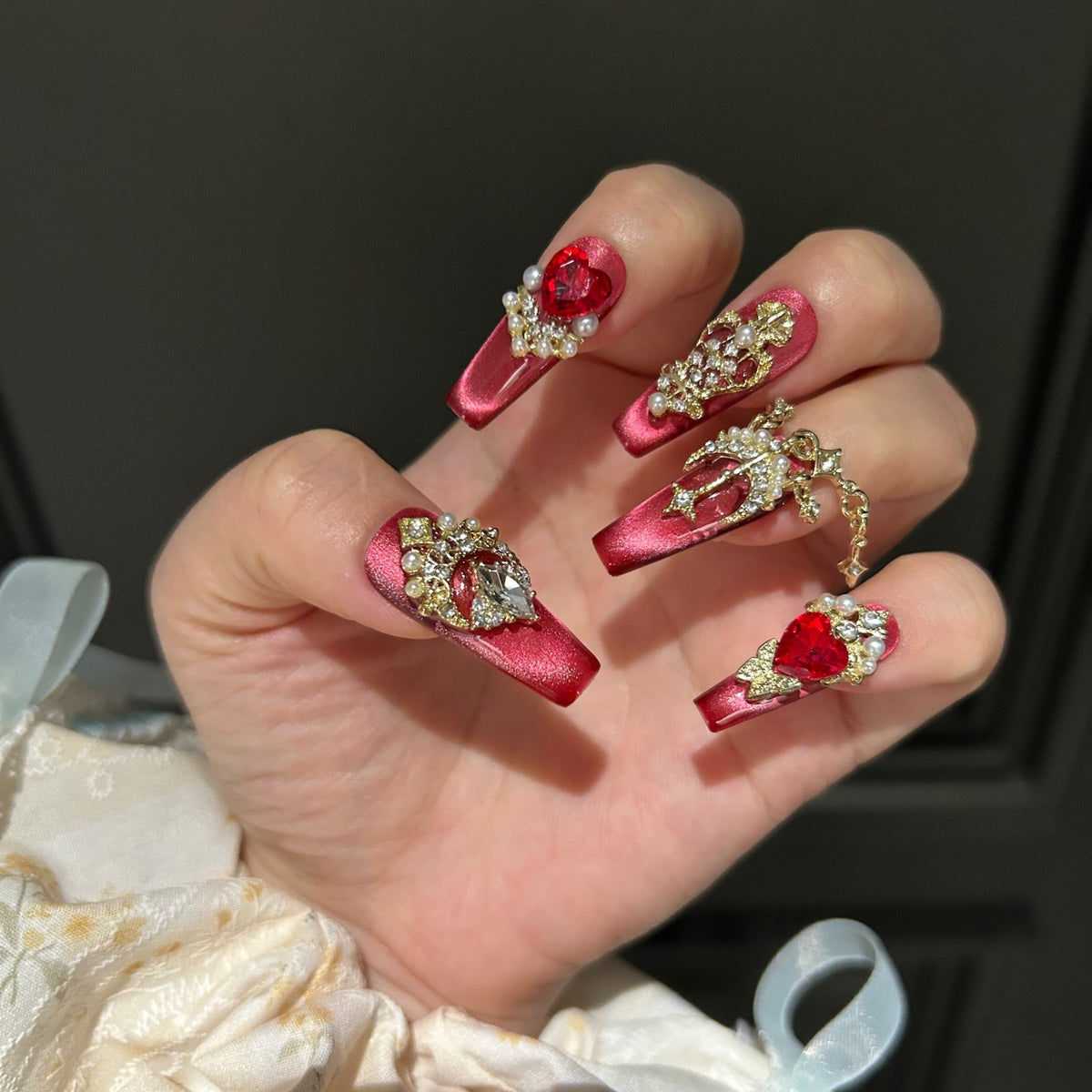Handmade Red Cat Eye Long Coffin Press On Nails with Red Heart Crystals, Gold Frames & Dangling Gold Chain Charms
