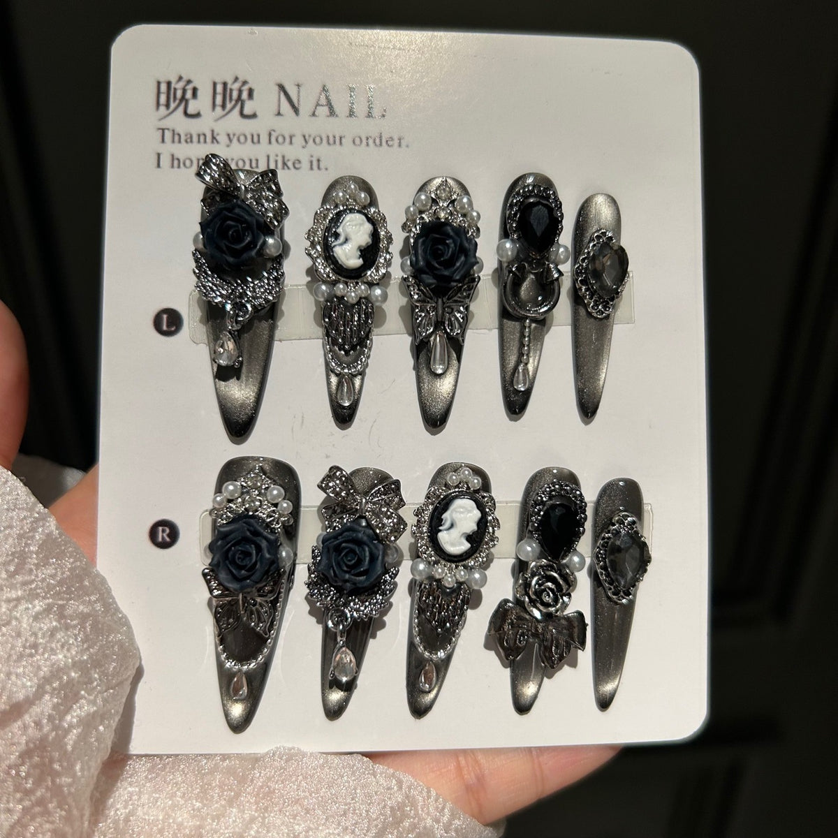 Handmade Gunmetal Metallic Long Stiletto Press On Nails with 3D Black Roses, Vintage Cameo Portrait Charms, Rhinestone Bows, Pearls & Crystal Drops
