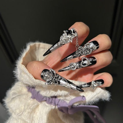 Handmade Dark Gothic Press On Nails | Luxury Heavy Industry Silver Chain & 3D Metal Art Reusable Fake Nails, Edgy Black Stiletto Nail Art