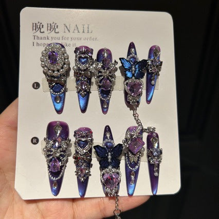 Handmade Purple Blue Chrome Long Stiletto Press On Nails with Large Purple Heart Crystals, Blue Butterfly Charms, Pearls & Dangling Silver Chains