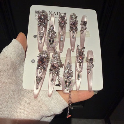 Handmade Nude Pink Metallic Long Stiletto Press On Nails with Giant Pink Crystals, Tulle Butterfly Charms, Pearl Clusters & Dangling Silver Chains